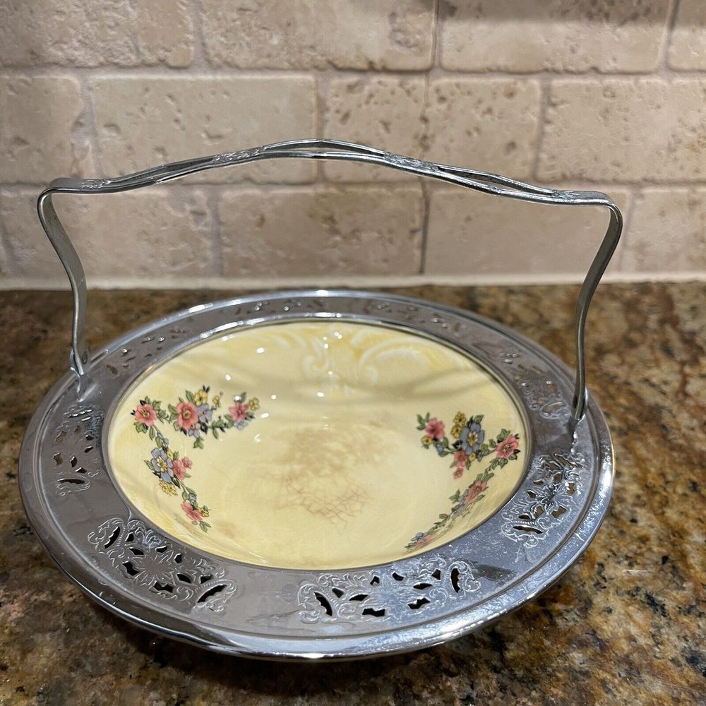VTG Sebring Pottery‎ Gold Maize Bowl 6.5 Inch Farberware Metal Caddy Fold Handle